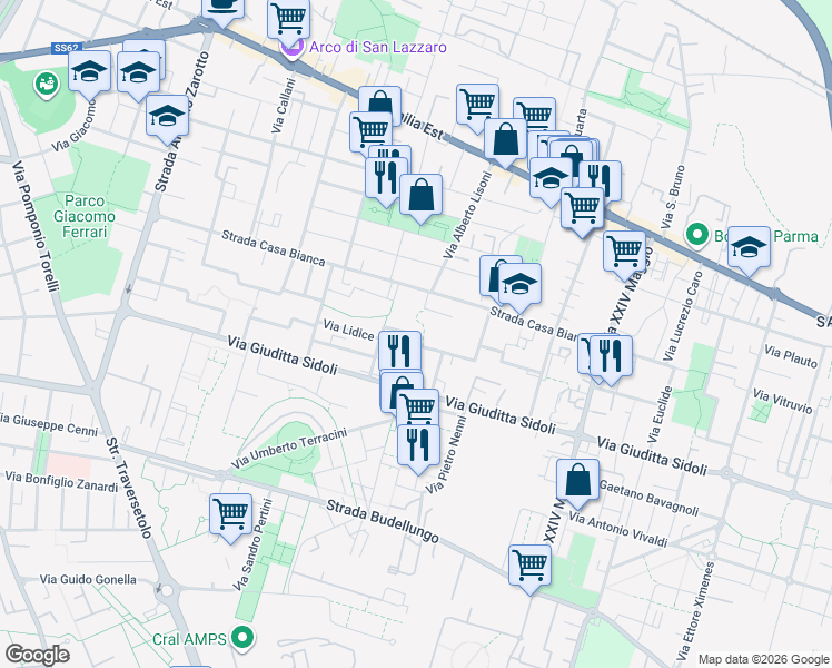 map of restaurants, bars, coffee shops, grocery stores, and more near 20 Via Leonardo Da Vinci in Parma