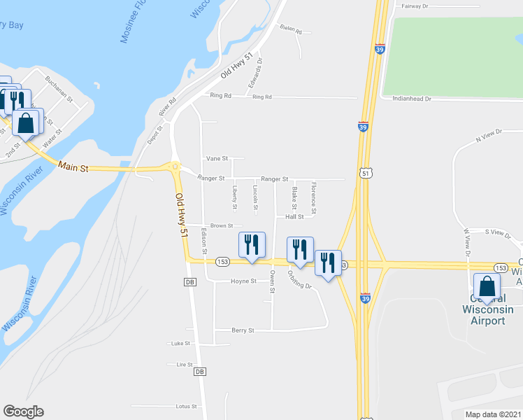 map of restaurants, bars, coffee shops, grocery stores, and more near 566 Lincoln Street in Mosinee