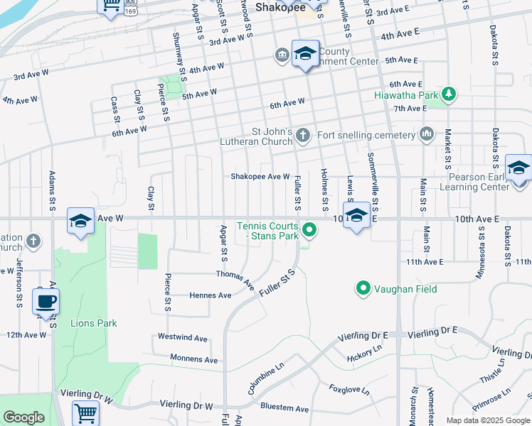 map of restaurants, bars, coffee shops, grocery stores, and more near 972 Atwood Street South in Shakopee