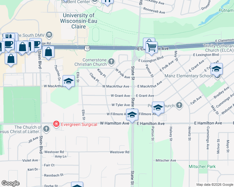 map of restaurants, bars, coffee shops, grocery stores, and more near 224 West Grant Avenue in Eau Claire