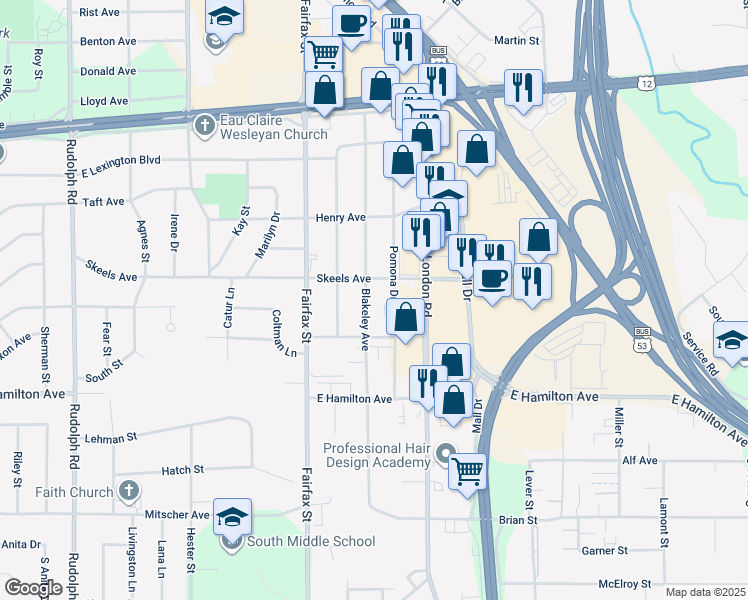map of restaurants, bars, coffee shops, grocery stores, and more near 2921 Blakeley Avenue in Eau Claire