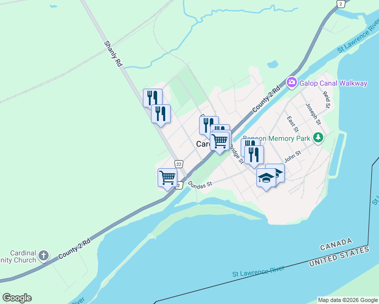 map of restaurants, bars, coffee shops, grocery stores, and more near 56 Adelaide Street in Cardinal