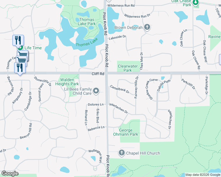 map of restaurants, bars, coffee shops, grocery stores, and more near 1400 Camelback Drive in Eagan