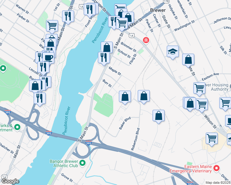 map of restaurants, bars, coffee shops, grocery stores, and more near 3 Rooney Street in Brewer
