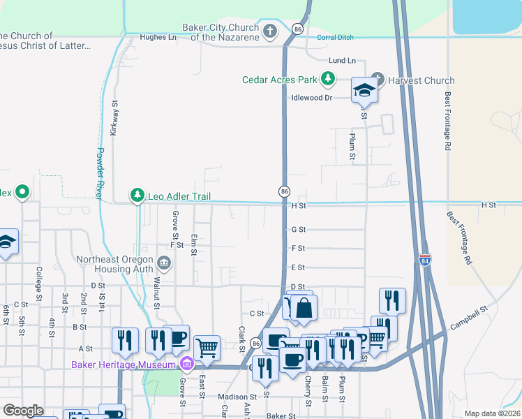 map of restaurants, bars, coffee shops, grocery stores, and more near 1187 H Street in Baker City