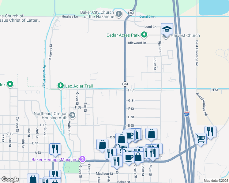map of restaurants, bars, coffee shops, grocery stores, and more near 1187 H Street in Baker City