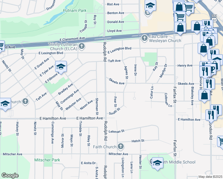 map of restaurants, bars, coffee shops, grocery stores, and more near 1614 Webster Avenue in Eau Claire