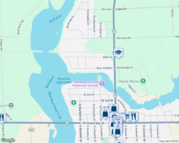 map of restaurants, bars, coffee shops, grocery stores, and more near 436 River Heights in Shawano