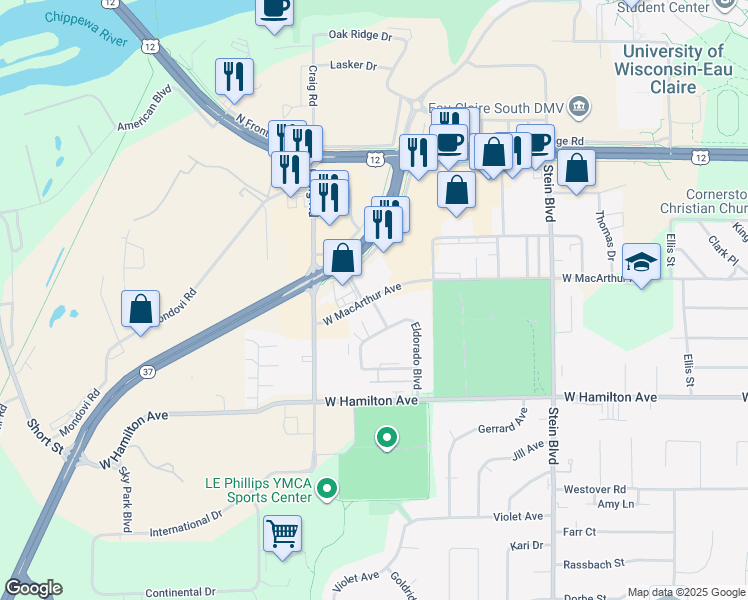 map of restaurants, bars, coffee shops, grocery stores, and more near 2929 Eldorado Boulevard in Eau Claire