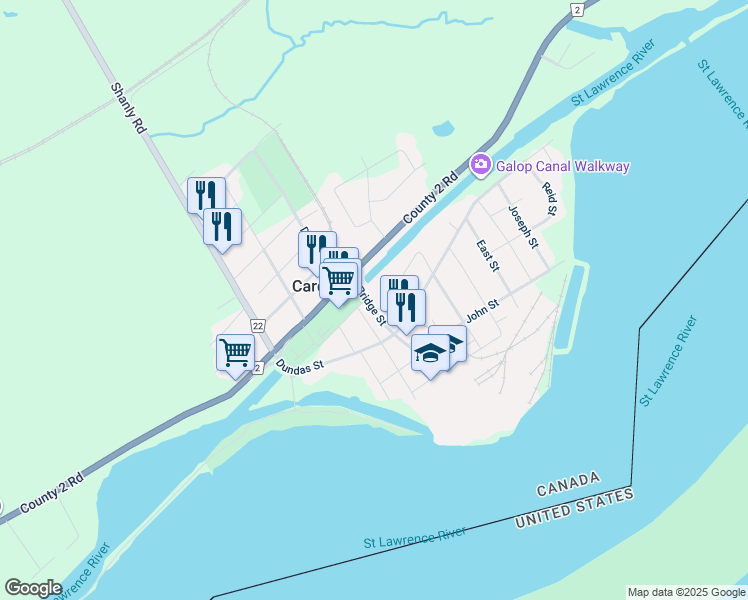 map of restaurants, bars, coffee shops, grocery stores, and more near 205 Bridge Street in Cardinal