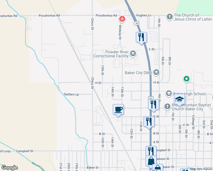 map of restaurants, bars, coffee shops, grocery stores, and more near 3495 H Street in Baker City