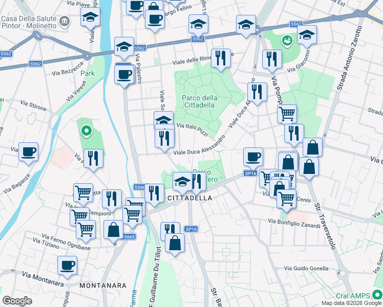 map of restaurants, bars, coffee shops, grocery stores, and more near 15-19 Via Carlo Innocenzo Frugoni in Parma