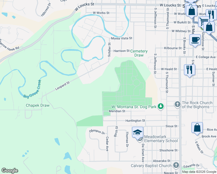 map of restaurants, bars, coffee shops, grocery stores, and more near 820 Cottonwood Avenue in Sheridan