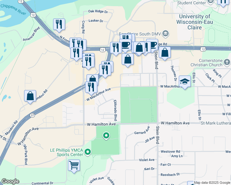 map of restaurants, bars, coffee shops, grocery stores, and more near 1025 West Macarthur Avenue in Eau Claire