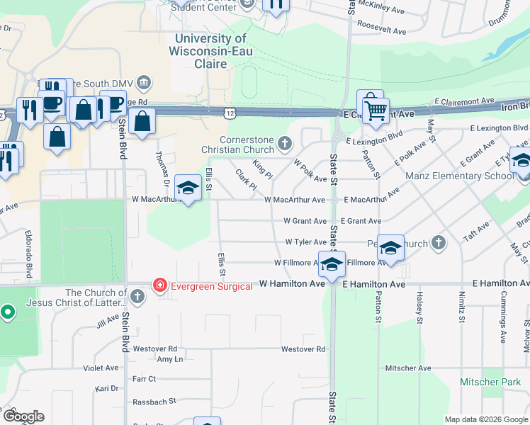 map of restaurants, bars, coffee shops, grocery stores, and more near 2919 South Lexington Boulevard in Eau Claire