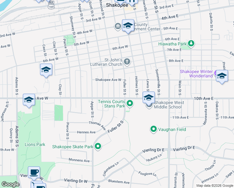 map of restaurants, bars, coffee shops, grocery stores, and more near 972 Atwood Street South in Shakopee