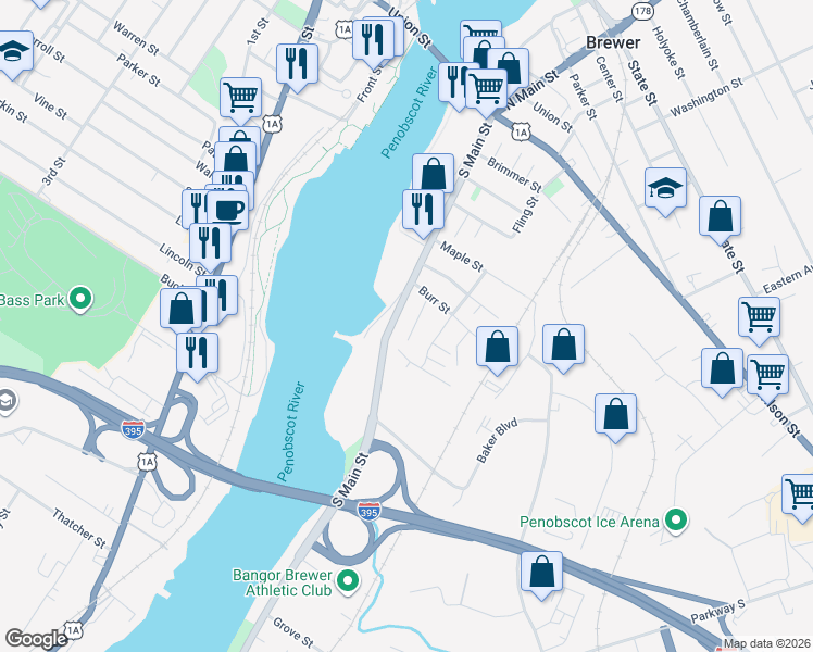 map of restaurants, bars, coffee shops, grocery stores, and more near 20 High Street in Brewer