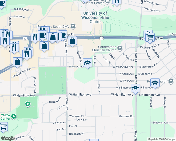 map of restaurants, bars, coffee shops, grocery stores, and more near 633 West Macarthur Avenue in Eau Claire