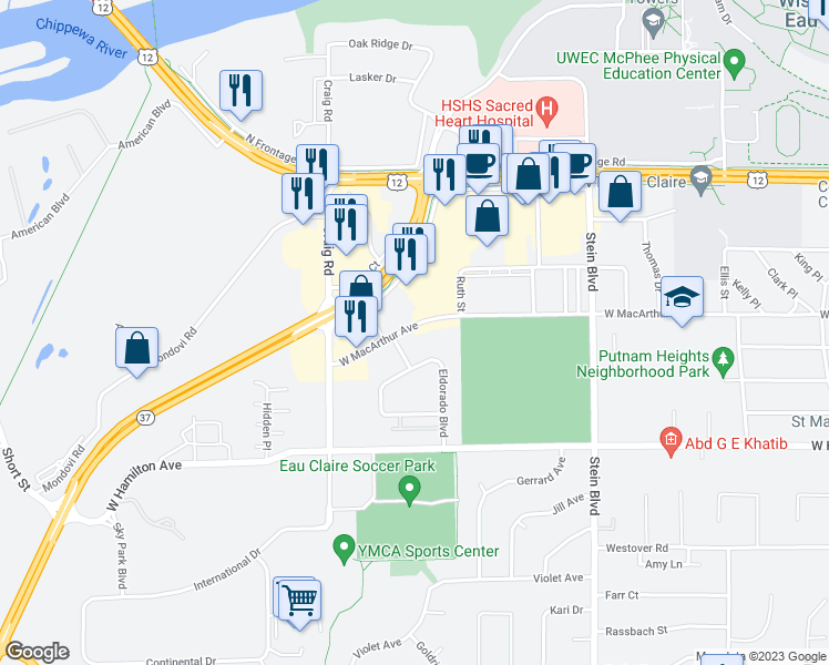 map of restaurants, bars, coffee shops, grocery stores, and more near 1057 West Macarthur Avenue in Eau Claire