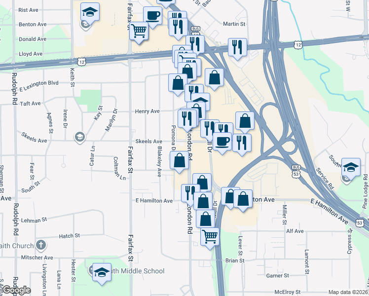map of restaurants, bars, coffee shops, grocery stores, and more near 2920 London Road in Eau Claire