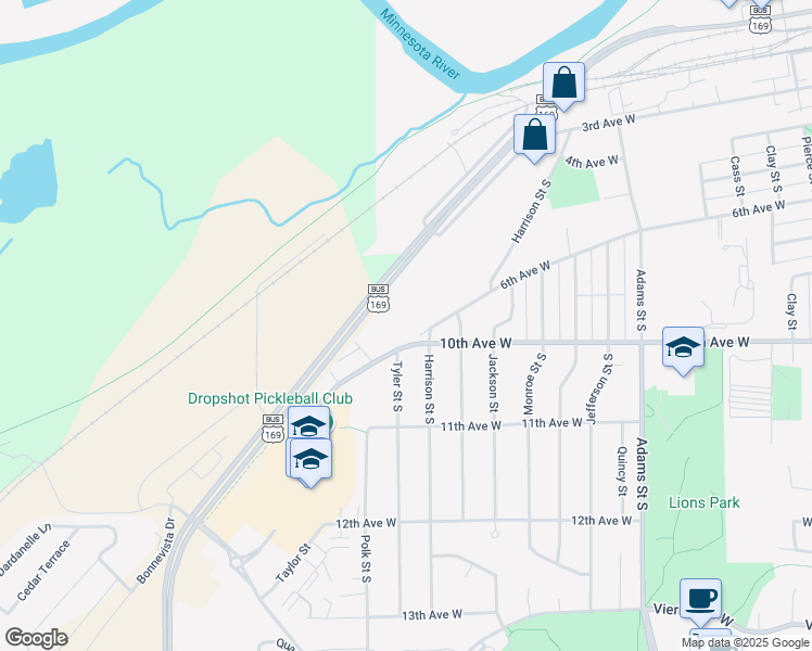 map of restaurants, bars, coffee shops, grocery stores, and more near 1855 10th Avenue West in Shakopee
