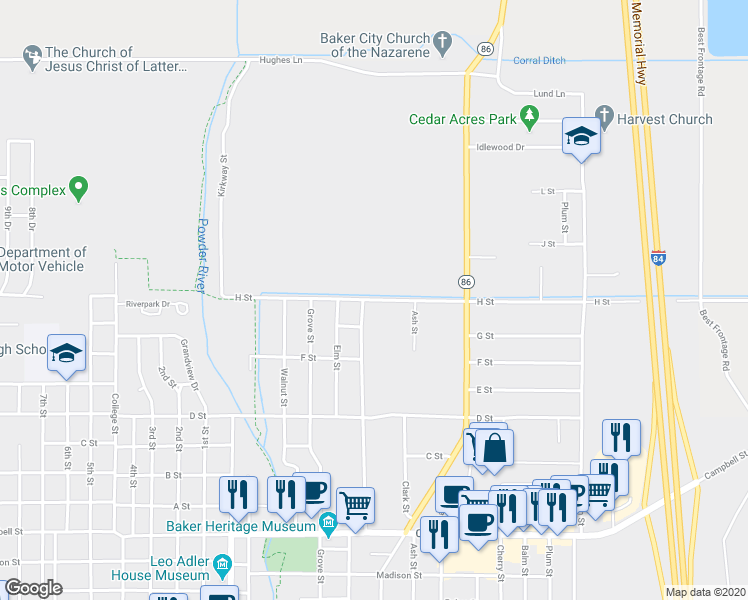 map of restaurants, bars, coffee shops, grocery stores, and more near 1385 H St in Baker City