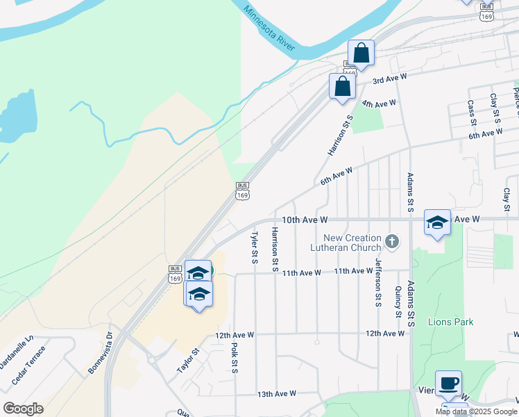 map of restaurants, bars, coffee shops, grocery stores, and more near 1855 10th Avenue West in Shakopee