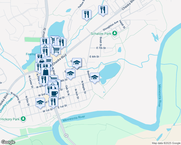 map of restaurants, bars, coffee shops, grocery stores, and more near 600 East 4th Street in Chaska