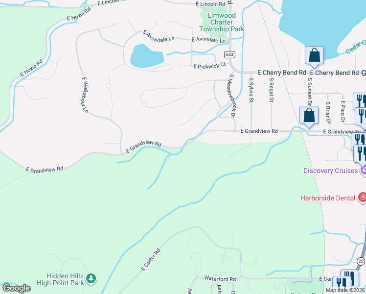 map of restaurants, bars, coffee shops, grocery stores, and more near 10066 East Grandview Road in Traverse City