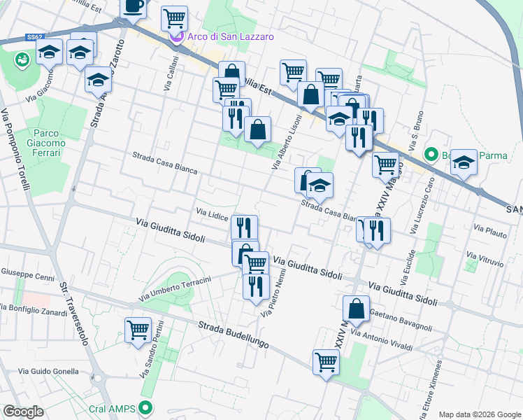 map of restaurants, bars, coffee shops, grocery stores, and more near 20 Via Leonardo Da Vinci in Parma