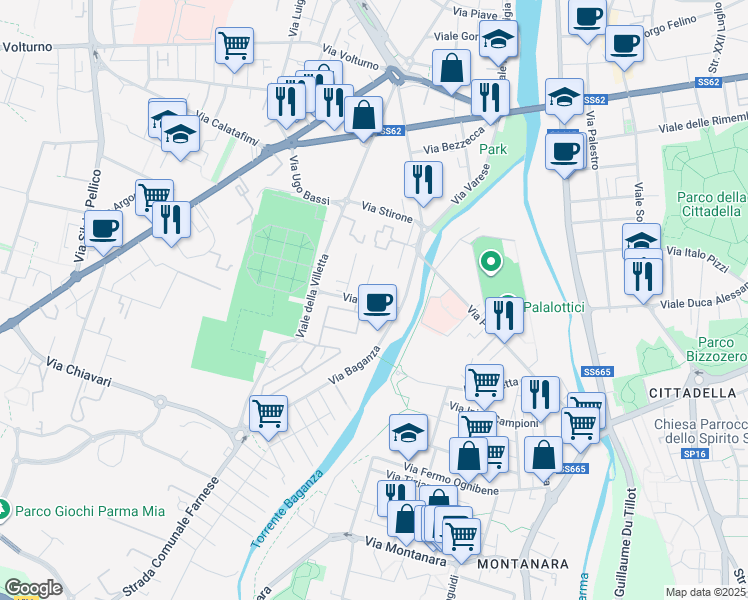 map of restaurants, bars, coffee shops, grocery stores, and more near 2-8 Via Taro in Parma