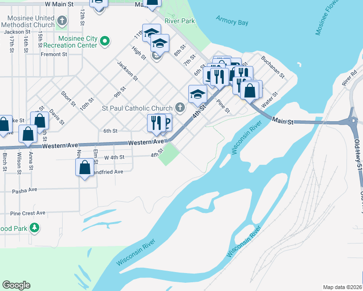 map of restaurants, bars, coffee shops, grocery stores, and more near 711 3rd Street in Mosinee