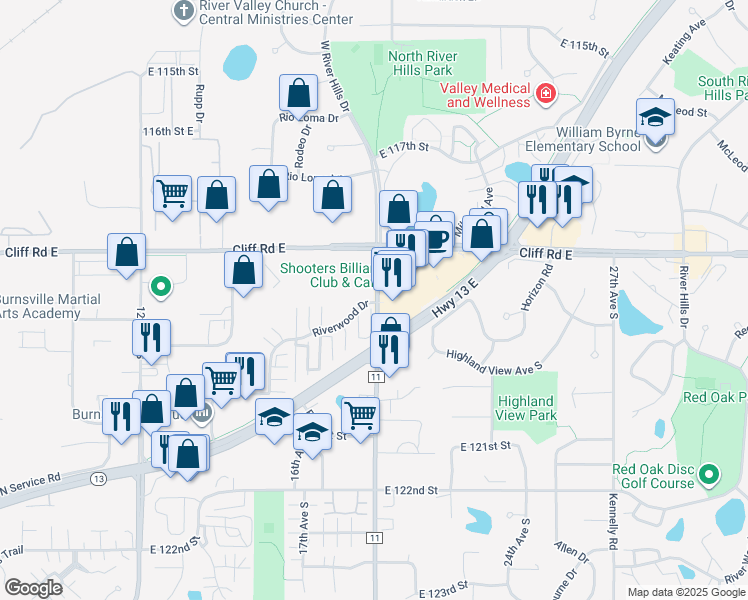 map of restaurants, bars, coffee shops, grocery stores, and more near 1900 Highway 13 East in Burnsville