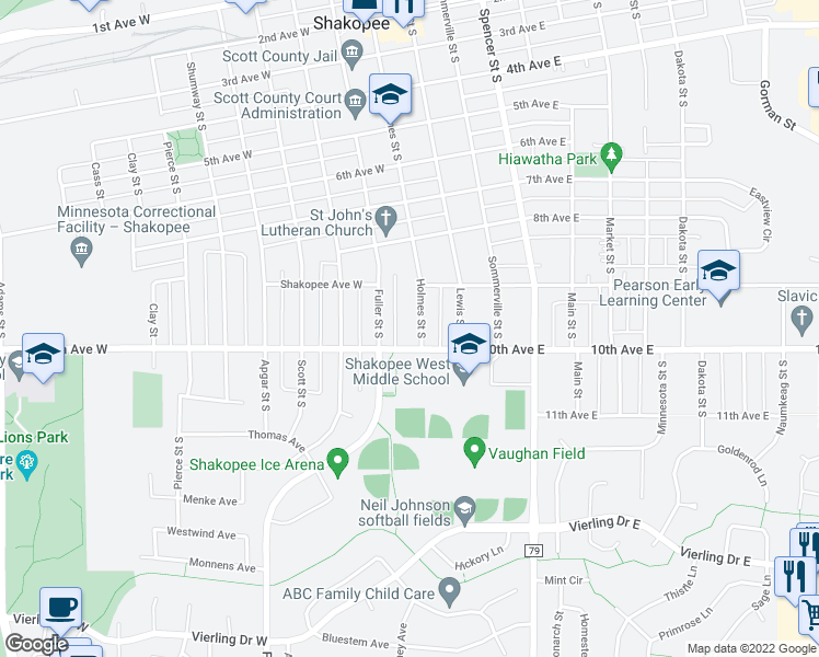 map of restaurants, bars, coffee shops, grocery stores, and more near 966 Holmes Street South in Shakopee