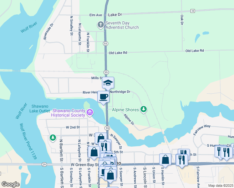map of restaurants, bars, coffee shops, grocery stores, and more near 148 Northridge Drive in Shawano