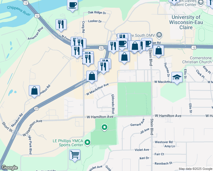 map of restaurants, bars, coffee shops, grocery stores, and more near 1025 West Macarthur Avenue in Eau Claire