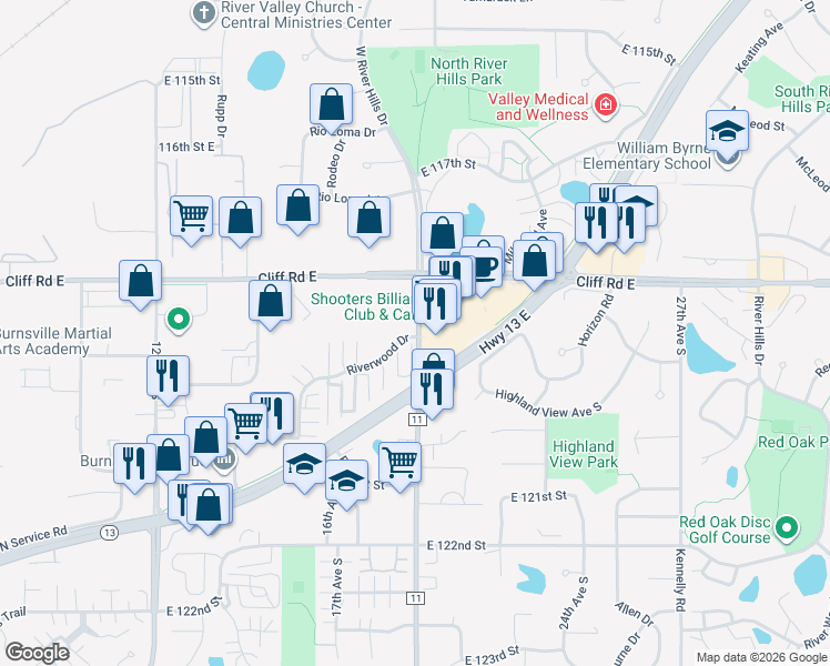 map of restaurants, bars, coffee shops, grocery stores, and more near 1900 Highway 13 East in Burnsville