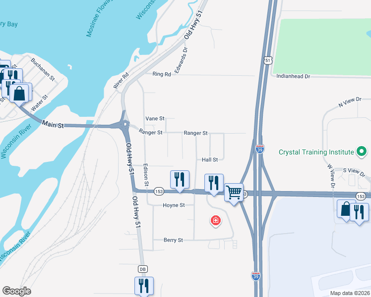 map of restaurants, bars, coffee shops, grocery stores, and more near 566 Lincoln Street in Mosinee