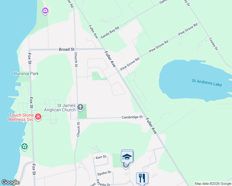map of restaurants, bars, coffee shops, grocery stores, and more near 135 Oxley Drive in Penetanguishene