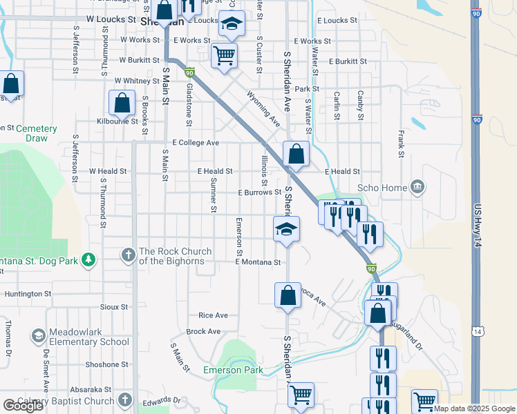 map of restaurants, bars, coffee shops, grocery stores, and more near 922 Illinois Street in Sheridan
