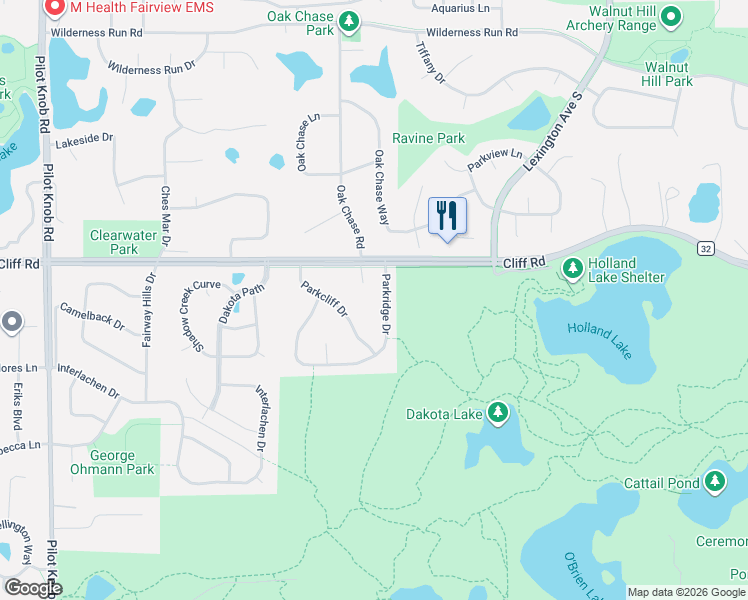 map of restaurants, bars, coffee shops, grocery stores, and more near 4686 Parkridge Drive in Eagan