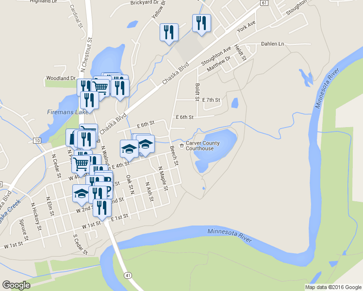map of restaurants, bars, coffee shops, grocery stores, and more near 600 East 4th Street in Chaska