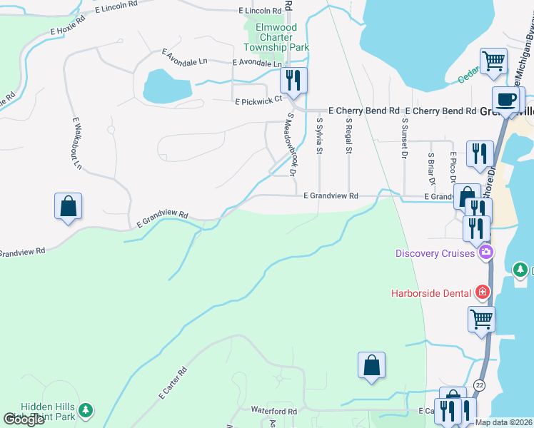 map of restaurants, bars, coffee shops, grocery stores, and more near 10066-10360 East Grandview Road in Traverse City