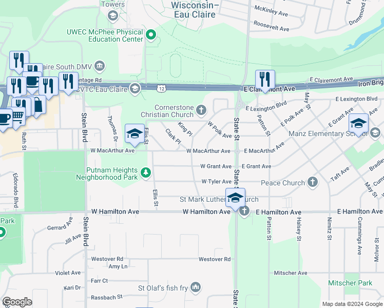 map of restaurants, bars, coffee shops, grocery stores, and more near 2919 S Lexington Blvd in Eau Claire