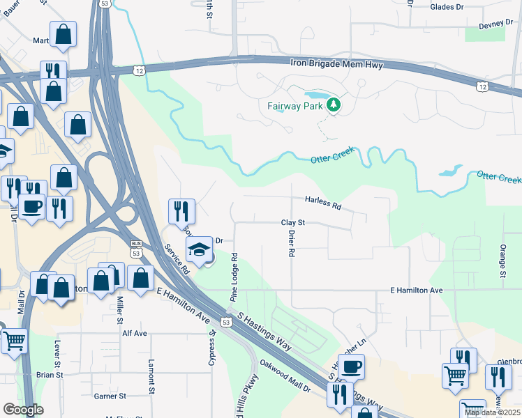 map of restaurants, bars, coffee shops, grocery stores, and more near 4004 Clay Street in Eau Claire