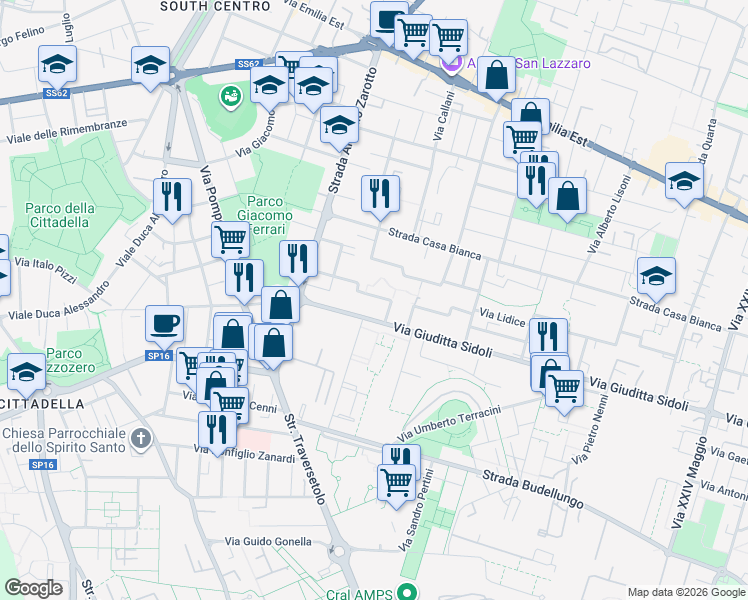 map of restaurants, bars, coffee shops, grocery stores, and more near Via Giovanni Gronchi in Parma