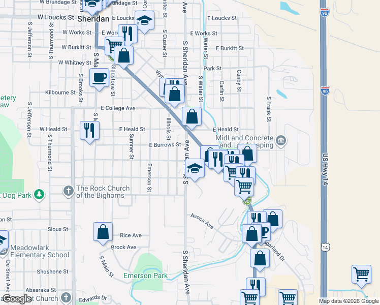 map of restaurants, bars, coffee shops, grocery stores, and more near 906 S Sheridan Ave in Sheridan