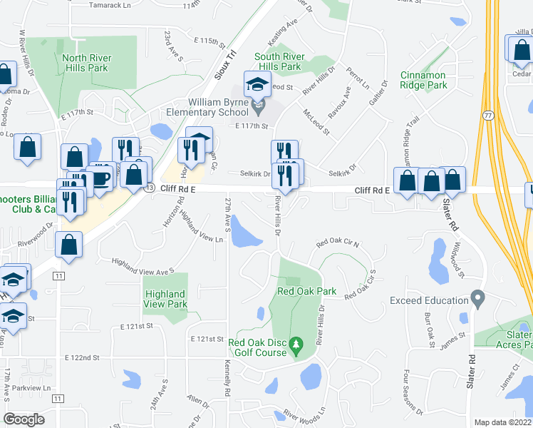 map of restaurants, bars, coffee shops, grocery stores, and more near 2805 Rolling Oaks Road in Burnsville