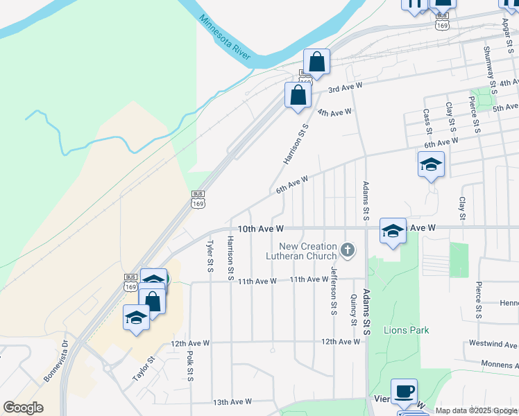 map of restaurants, bars, coffee shops, grocery stores, and more near 1660 6th Avenue West in Shakopee