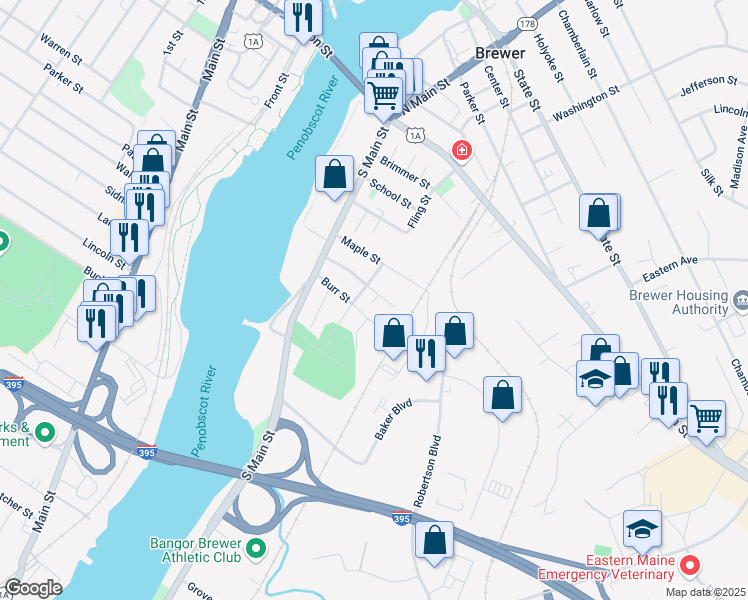 map of restaurants, bars, coffee shops, grocery stores, and more near 3 Rooney Street in Brewer
